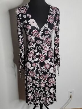 Ella Moon V-Neck Long Sleeve Wrap Dress - Black& Burgundy Flowers